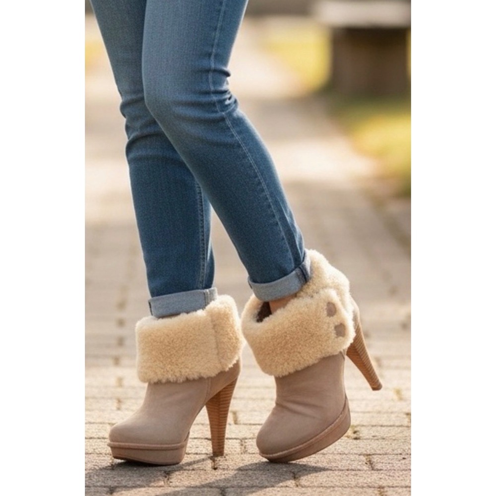 UGG Boots Women's Georgette Ankle Platform Tan w Cozy Cream Fur Cuff Sz 7